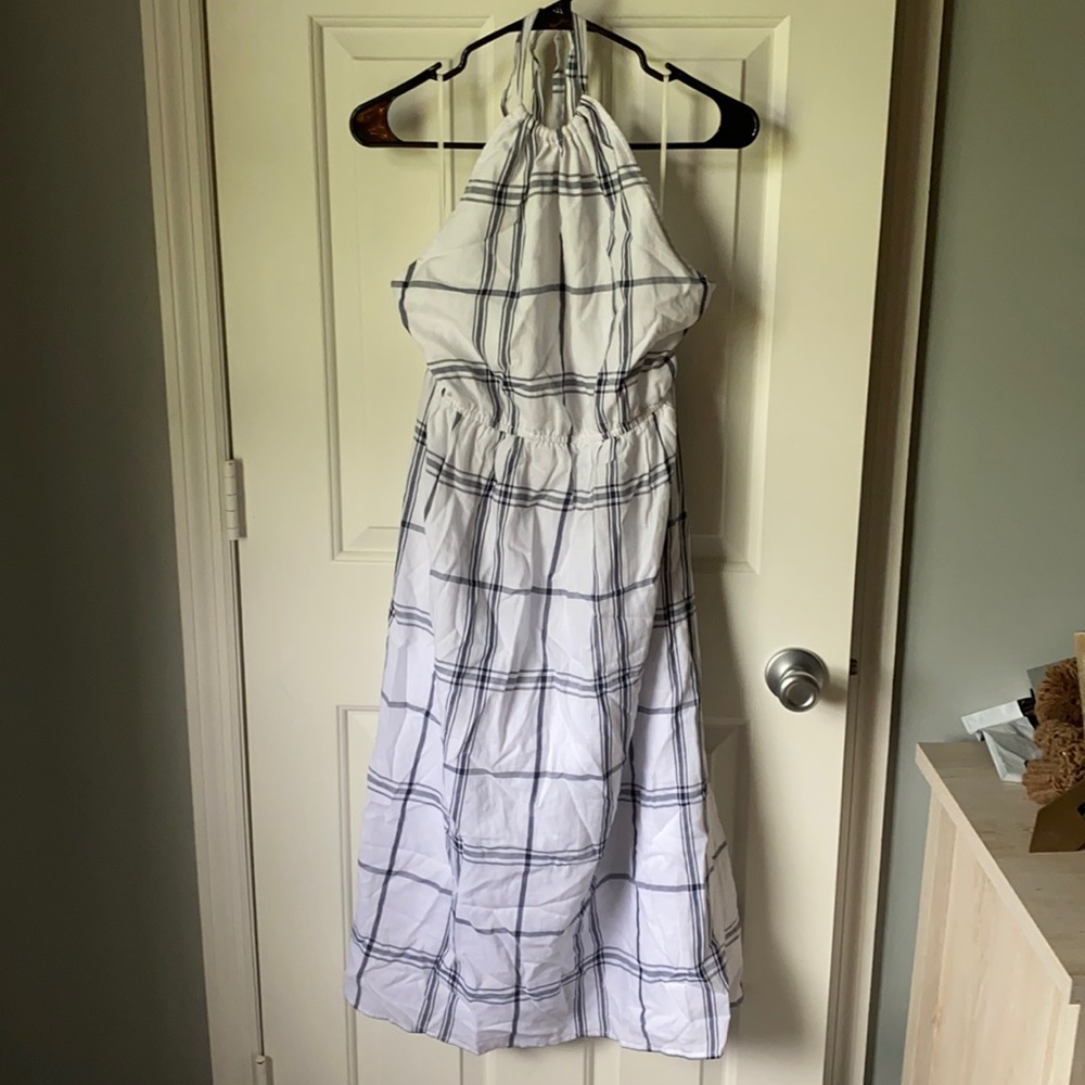Navy and White Grid Halter Midi Dress